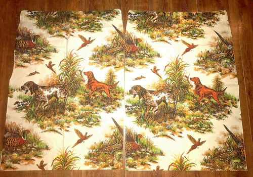 Vtg Cabin Curtains 1950s 2 Panels Lodge Dogs Pheasant Brown Green Orange Cream