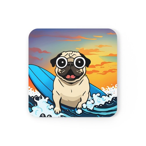 Surfing Pug - Corkwood Coaster Set 4 - Picture 2 of 5
