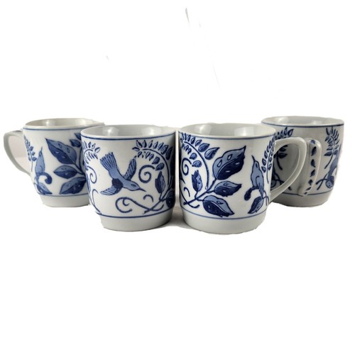 I D G - Set of four 4 Vintage Hand Painted Blue Floral with Birds on Coffee Cups - Picture 9 of 10