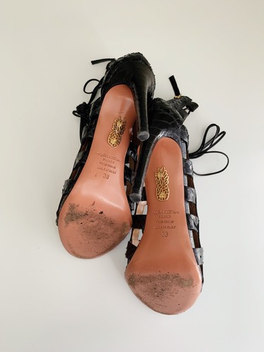 AQUAZZURA Amazon Black Python Leather Strappy Lace Up Sandals Size 38 - Picture 9 of 9