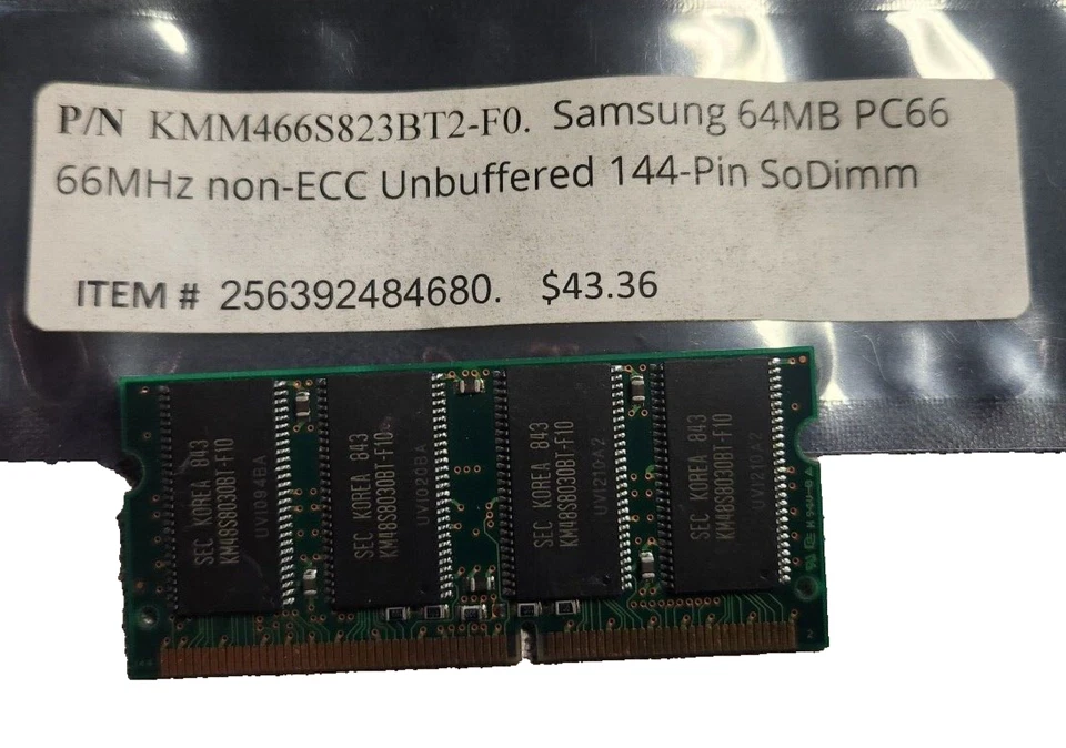 P/N KMM466S823BT2-F0. Samsung 64MB PC66 66MHz non-ECC Unbuffered 144-Pin SoDim - Image 2 of 3