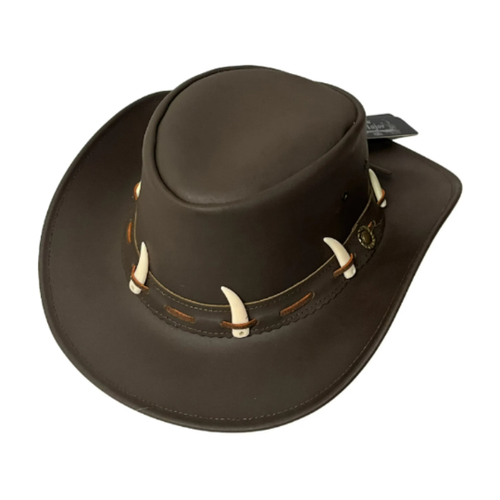 Quality Kanga Roar Brown Genuine Leather Cowboy Bush Hat with Crocodile Teeth. - Picture 3 of 4