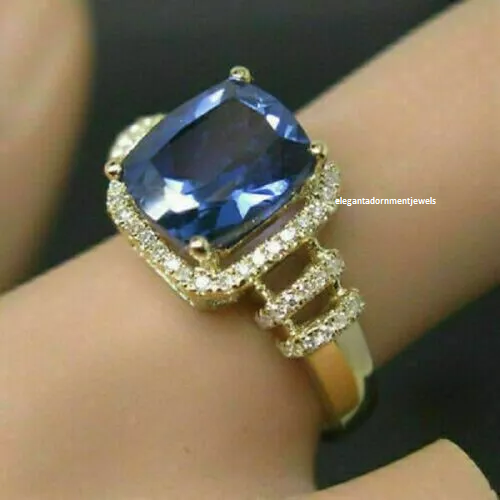 2Ct Cushion Cut Tanzanite Women's Halo Engagement Ring 14K Yellow Gold Finish - Picture 3 of 4