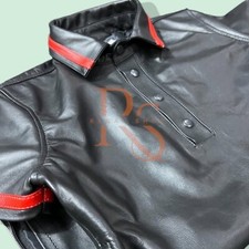 Men's Leather T-Shirt Black Leather Shirt Red Lines Style Real Lambskin Leather