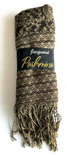 Jacquard Pashmina with Fringe, Brown and Tan, 27" x 72", New