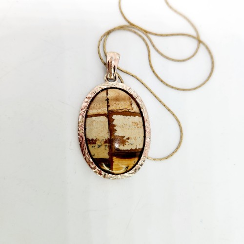 Vintage Picture Jasper Agate Large Cab Gold Tone Ornate Frame Pendant Necklace - Picture 4 of 6