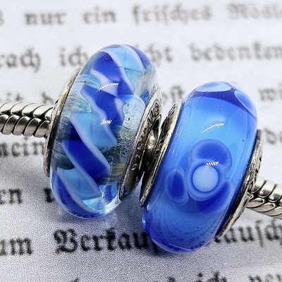   Original Pandora Charms 2er Set ''Murano Blau Blüten+Spirale'' 790612+790648