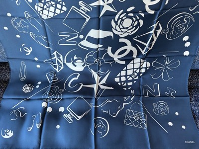 NEW 100 Authentic CHANEL 20B Blue White Icon Square Scarf eBay