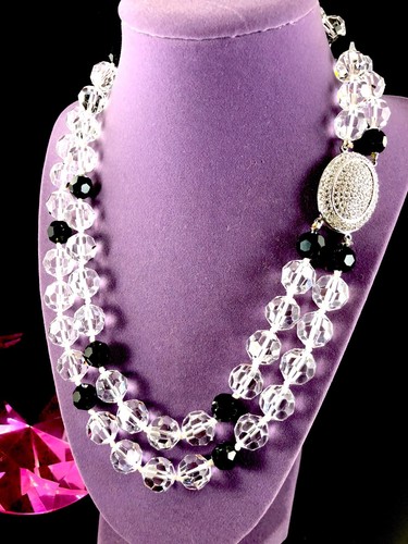SWAROVSKI 2 STRAND NECKLACE BLACK & LEAD CRYSTAL BEAD PAVE RHINESTONE PENDANT - Bild 2 von 7