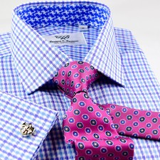 Blue Check Business Dress Shirt Gingham Check Designer Formal Top Fashion Style
