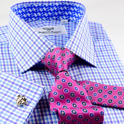 Blue Check Business Dress Shirt Gingham Check Designer Formal Top Fashion Style