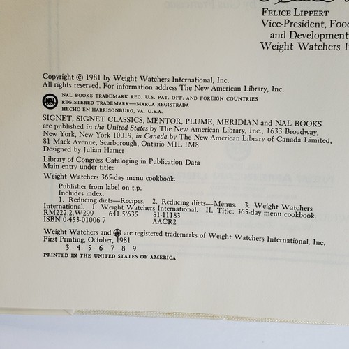 365 Day Menu Cookbook by Weight Watchers 1981 Hardcover Dust Jacket 1st Printing - Picture 4 of 12