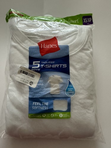 Hanes Boys' Size XS 4-5 White Crew Neck Tagless SS T-Shirts 5 Count Pack OPN PKG - Picture 7 of 10