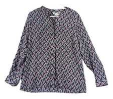 Winter Silks Long Sleeve Geometric Blouse Womens M 100% Silk Cottagecore Casual