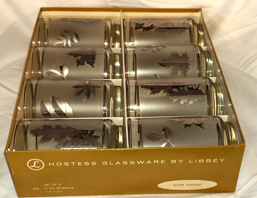 Juego de 8 vasos de colección MCM Libbey Hostess 12 oz hojas de follaje plateado CAJA ORIGINAL - Imagen 3 de 5