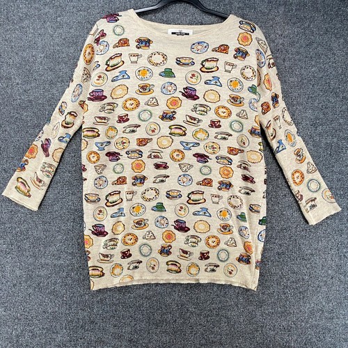 Paper Plane London Pullover Damen L beige Kaffeetassen Print Pulli Freizeit