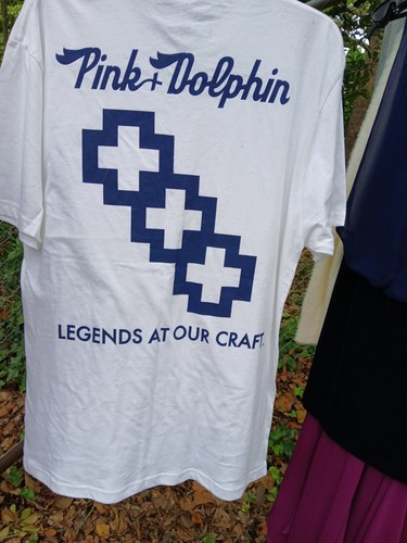 Pink Dolphin Brand T-Shirt White with Logo in Navy Blue, Front and Back, Size XL