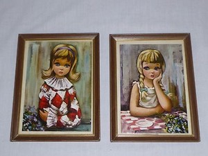 Pr-Vtg-Mid-Century-Big-Eye-Waif-Harlequin-Girl-Prints-Framed-under-Glass-Kitschy