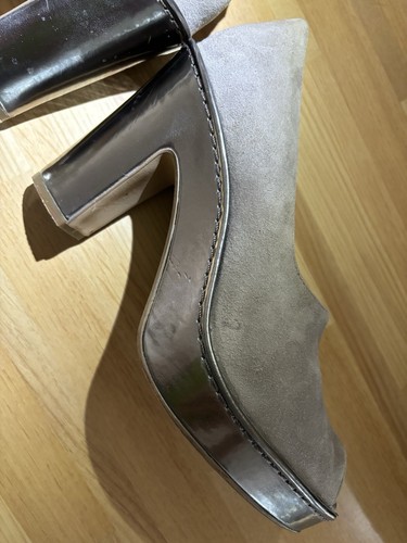 Clarks size 6.5D Destiny Fate Taupe/MUSHROOM suede peeptoe Platform Heels - Picture 8 of 16