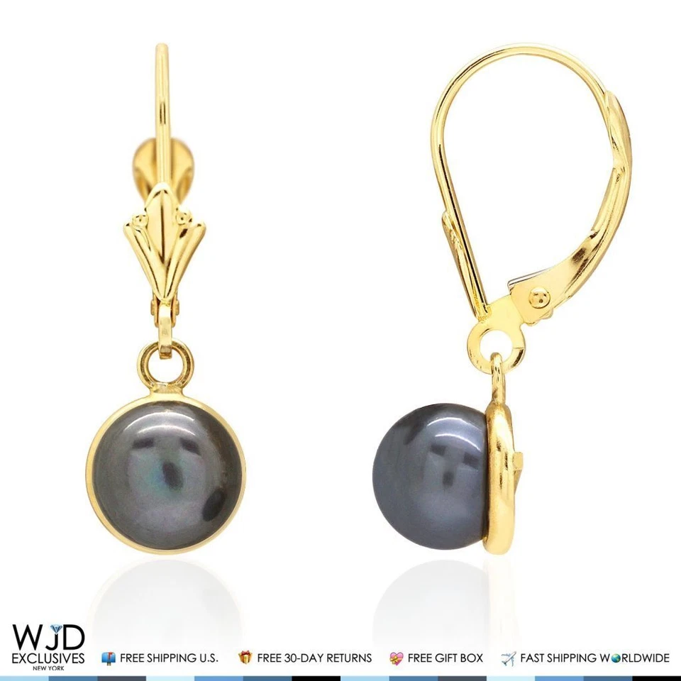 Juego de aretes colgantes de perlas negras con bisel de oro amarillo de 14K 7 mm Foto 2 de 4