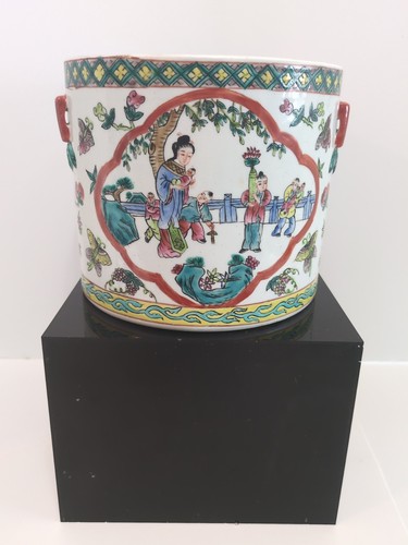 Barattolo Medicina Cinese Tardo Qing Ceramica Famiglia Verte con Manico Foo Leone 9 1/2 x 7 - Foto 2 di 5