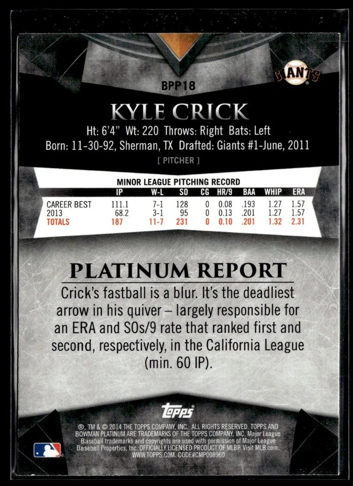 2014 Bowman Platinum Prospects Kyle Crick Northwest Arkansas Naturals #BPP18 - Image 2 of 2