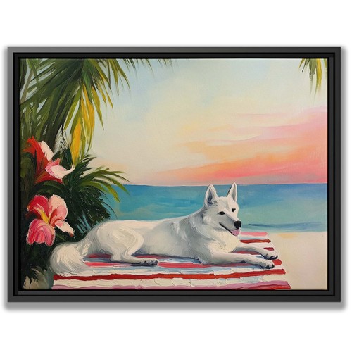 Tropical White German Shepherd Beach Sunset Oil Painting Cozy Wall Art Print - Picture 5 of 9