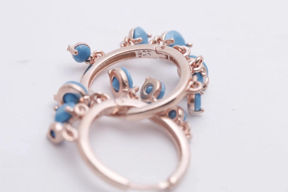 ¡Nuevo! Pendiente aro turco hecho a mano forma redonda turquesa 925 oro rosa Foto 3 de 4