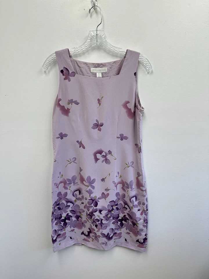 Vestido Corto Vintage Años 90 100% Seda Púrpura Floral Cuello Cuadrado Sin Mangas Talla S Foto 3 de 4