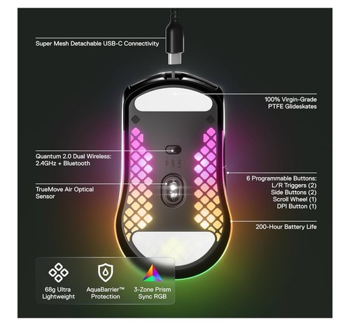 SteelSeries Aerox 3 Wireless - Holey RGB Gaming Mouse - Ultra-lightweight - Picture 3 of 12
