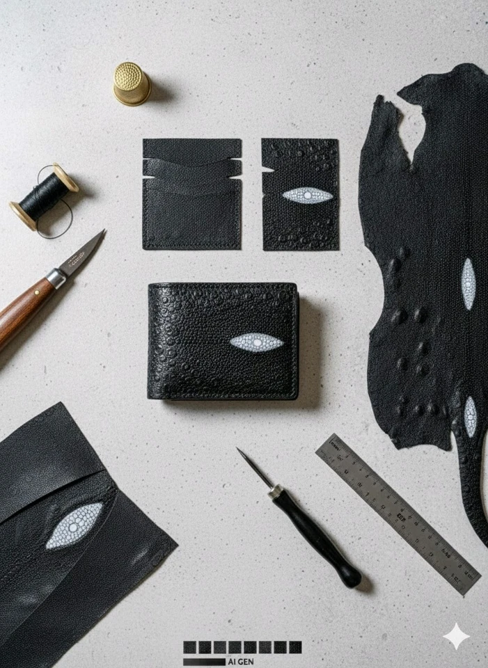 Couro Stingray Skin 17” x 6,5” – Couro preto exótico com olho de pérola para carteiras - Imagem 3 de 4