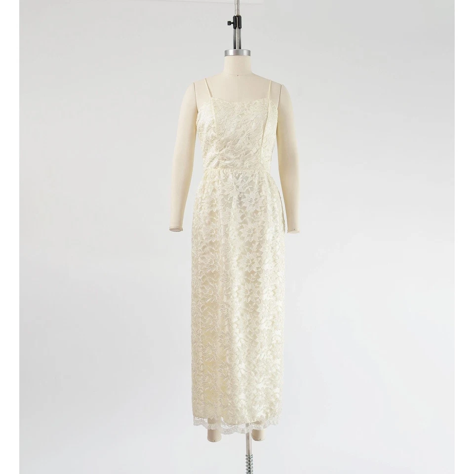 Maxi Vestido Vintage Años 80 a 60 Crema Encaje Correa Espagueti Lápiz Vaina Larga XS Foto 2 de 4