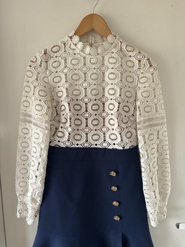 SELF PORTRAIT-AU 8/US 4-WHITE LACE CROCHET LONG SLEEVE NAVY MINI DRESS - Picture 5 of 14
