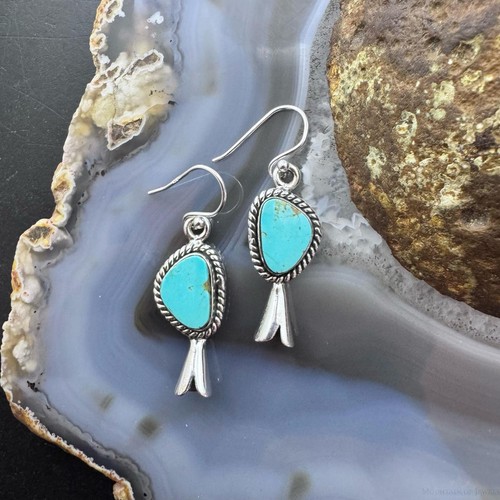 Sterling Southwestern Style Turquoise Decorated Squash Blossom Dangle Earrings - Picture 4 of 10
