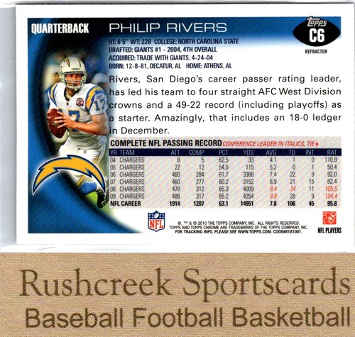 2010 Topps Chrome #C6 Philip Rivers Refractor - Picture 2 of 2