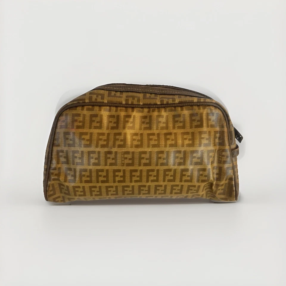 Fendi Zucchino Logo Zip Pouch Pattern PVC Clutch Brown Tan Vintage Bag authentic - Image 2 of 4