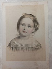 1860 Ca.. Litografia acquerellata all'epoca Emile Lassalle Volto di Bambina 2