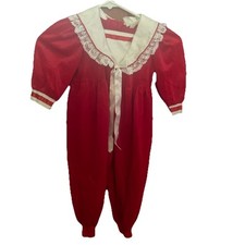 Vtg 90s Red Velvet Bubble Jumpsuit Bib Collar Satin Bow 3T USA Puff Sleeve