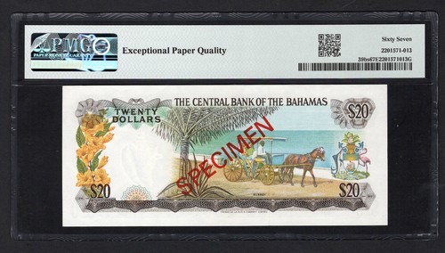 Bahamas 20 Dollars 1974 P39bs "Specimen" Uncirculated Grade 67 Top Pop - 第 2/2 張圖片