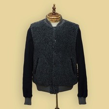 Sacai Japan Gray/Navy Boa Fleece/Boiled Wool Varsity Bomber Jacket 3