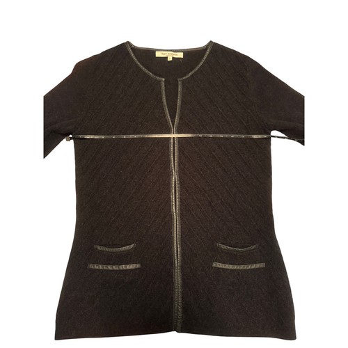 Rani Arabella Made in Italy Black Cashmere Leather Trim Cardigan Womens Large 10 - Picture 8 of 11