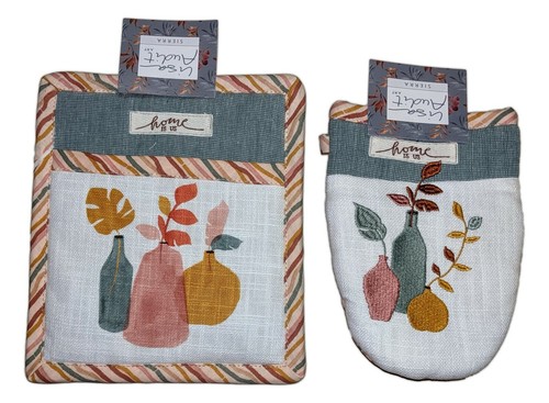 SIERRA Watercolor Leaves Pocket Potholder & Grabber Oven Mitt Set, by Kay Dee - Picture 1 of 4