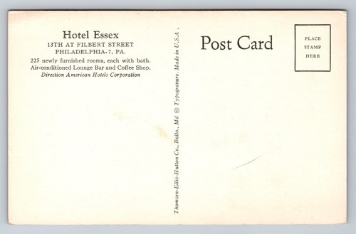 Street View Hotel Essex Philadelphia PA Old Cars Vintage Advertising Postcard - Picture 2 of 2