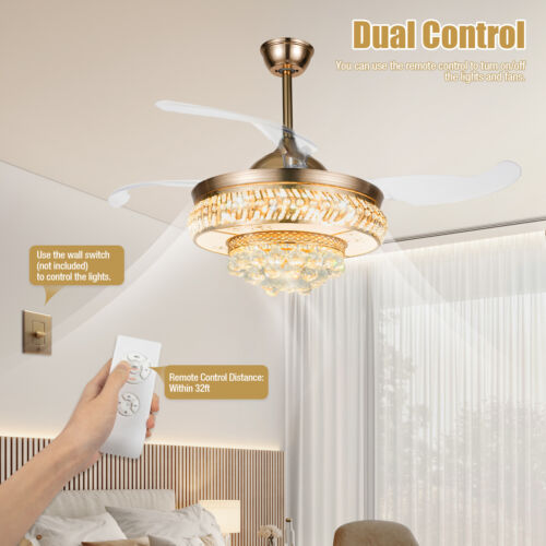 LED Crystal Chandelier Invisible Ceiling Fan Light 3-Color Lamp with Remote - Picture 7 of 24