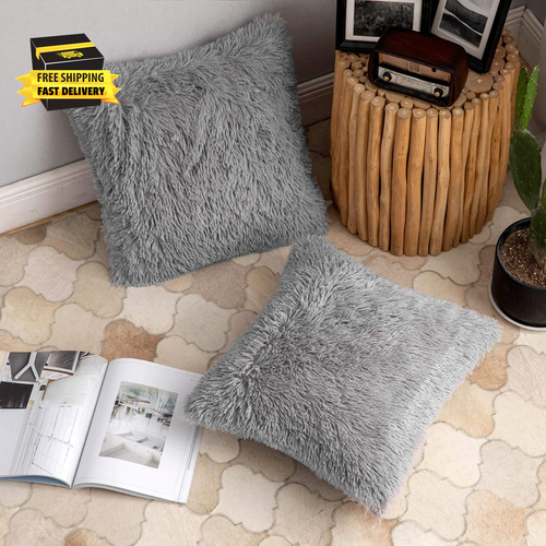 Pack of 2 Grey Throw Pillow Covers Luxury Fluffy Pillows Faux Fur Decorative Pil - Picture 2 of 6