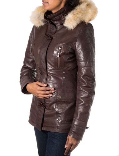 Buttons Brown With Duffle Hooded Horned Coat Womens Sheepskin Leather Toggle fnqwRvRz