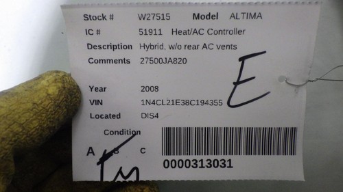 08 NISSAN ALTIMA CLIMATE Controller 27500JA820 - Picture 2 of 6