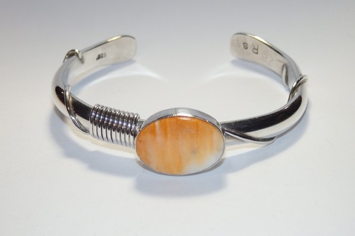 Vtg Boho Navajo Native American Roger Skeet Sterling ORANGE AGATE CUFF BRACELET