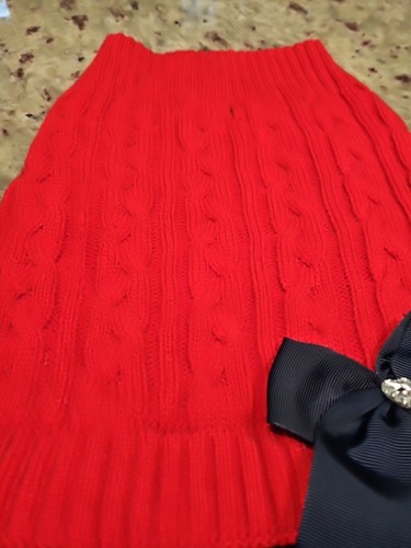 Dog DressRed Cable Knit With Blue Plaid Trim Blue Bow/ Small - Picture 4 of 18