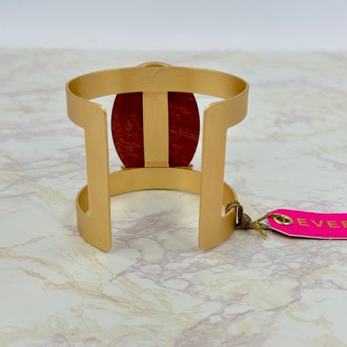 Everri modernes Manschettenarmband gebürstet goldfarben mit ovaler Holzmitte, Einheitsgröße NEU - Bild 3 von 11